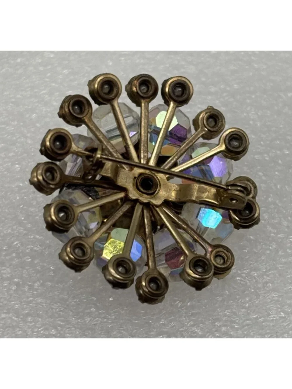 Vintage Domed Crystal Aurora Borealis Starburst Brooch Open Back Frame, Unsigned
